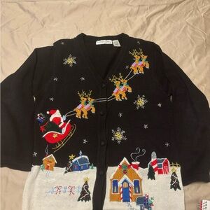 Victoria Jones Festive Ugly Black Cardigan with Santa and Reindeer Embroidery